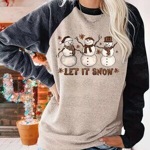 Med(6) Christmas Snowman & Letter Print Sweatshirt, Casual Long Sleeve Crew Neck